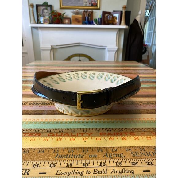 MENS Trafalgar Hand polished Cortina Leather Black Dress Goldtone Belt Size 42 - Picture 1 of 16